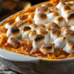 Sweet potato casserole with toasted marshmallows served on wooden Thanksgiving table