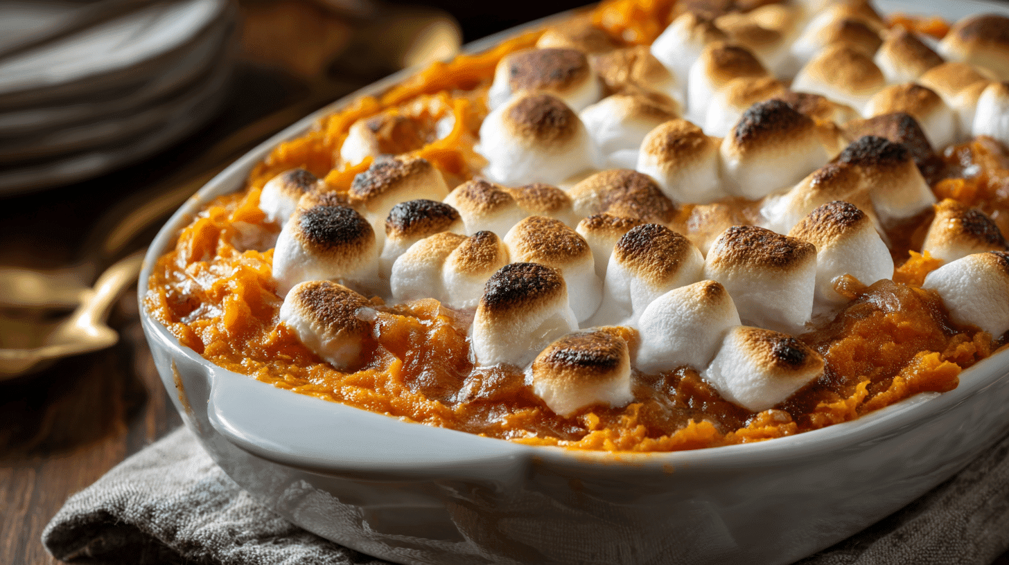Sweet potato casserole with toasted marshmallows served on wooden Thanksgiving table