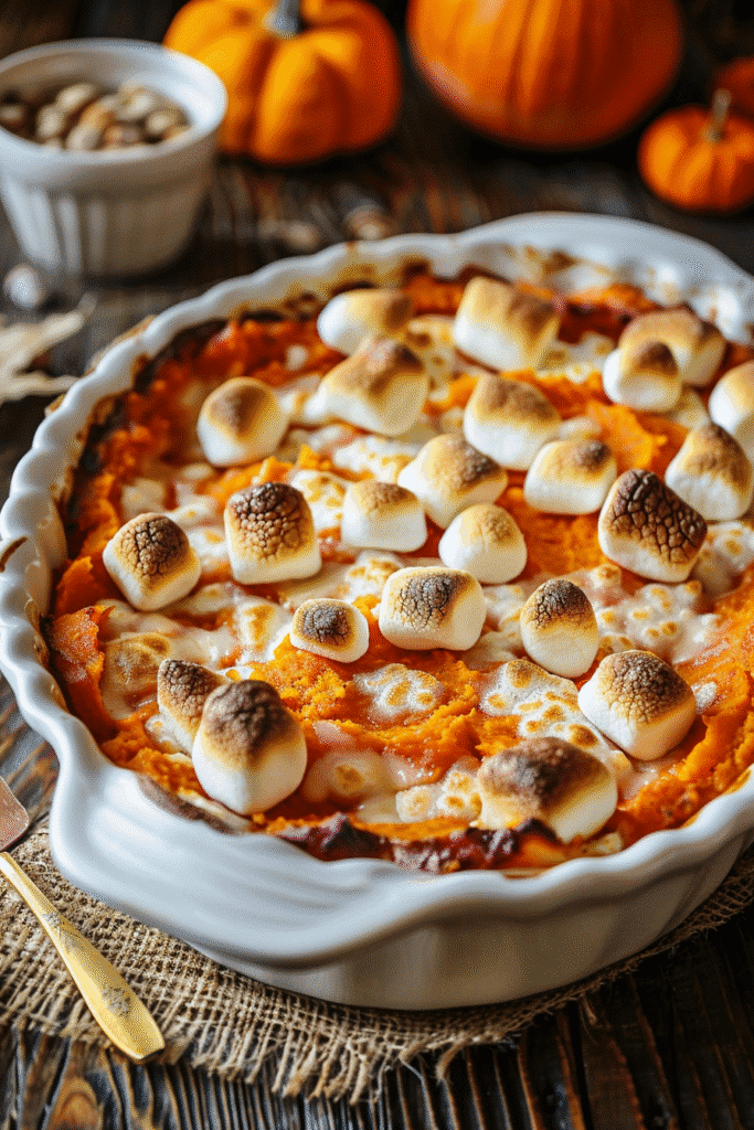 Sweet potato casserole with toasted marshmallows served on wooden Thanksgiving table sweet potato casserole recipe