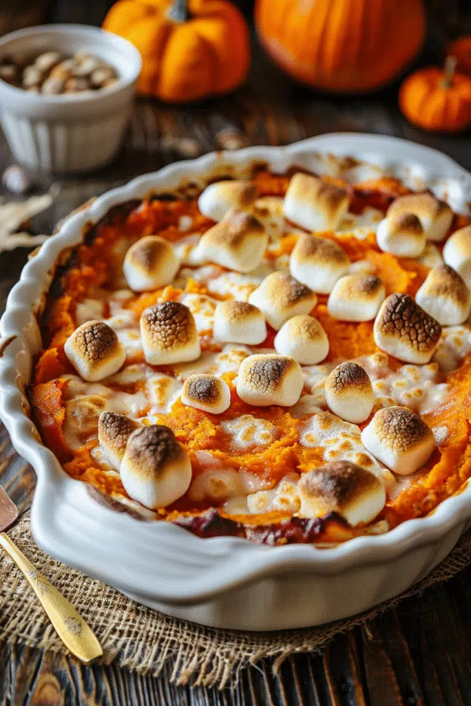 Sweet potato casserole with toasted marshmallows served on wooden Thanksgiving table sweet potato casserole recipe