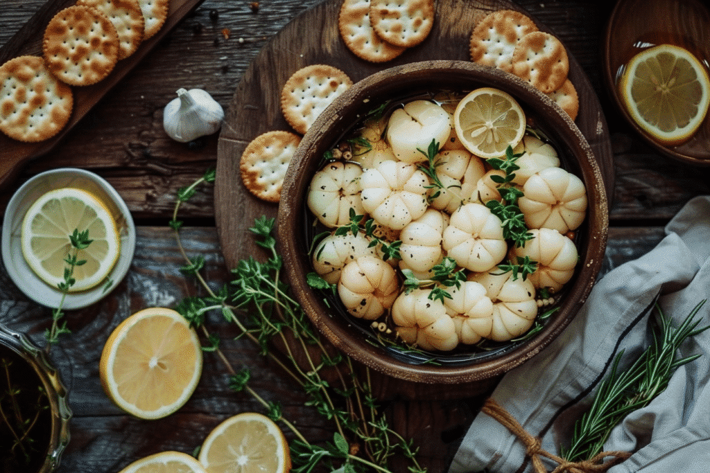 Served spicy pickled garlic with crackers