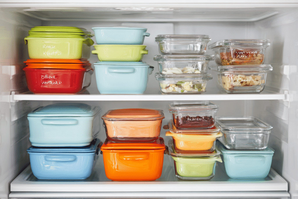 Labeled glass and ceramic containers with make-ahead Thanksgiving dishes neatly stacked in refrigerator.
