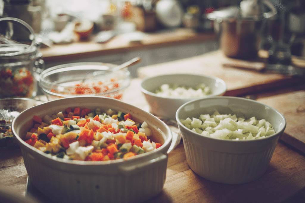Chopped vegetables and casserole dish in kitchen light ready for Thanksgiving prep.