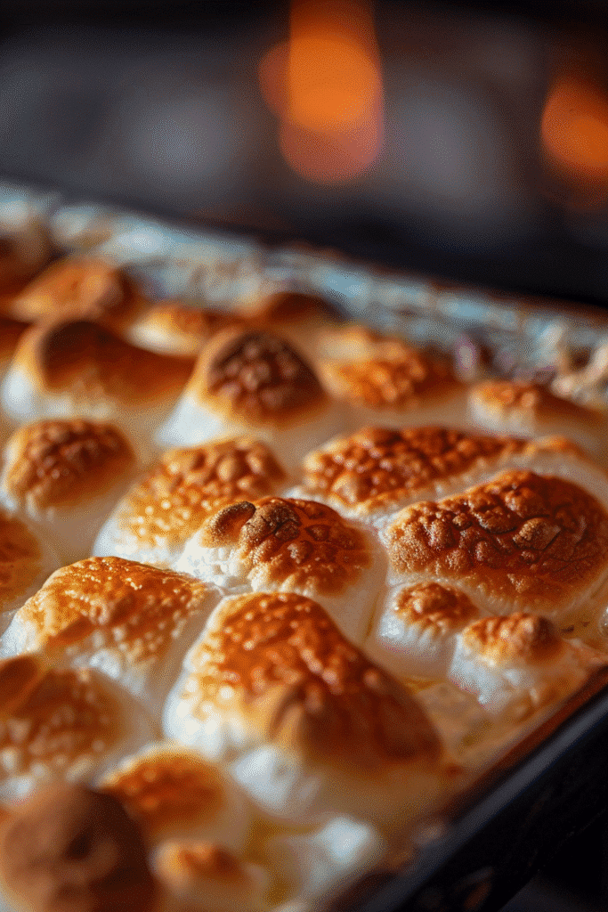 Golden brown toasted marshmallows on top of casserole.