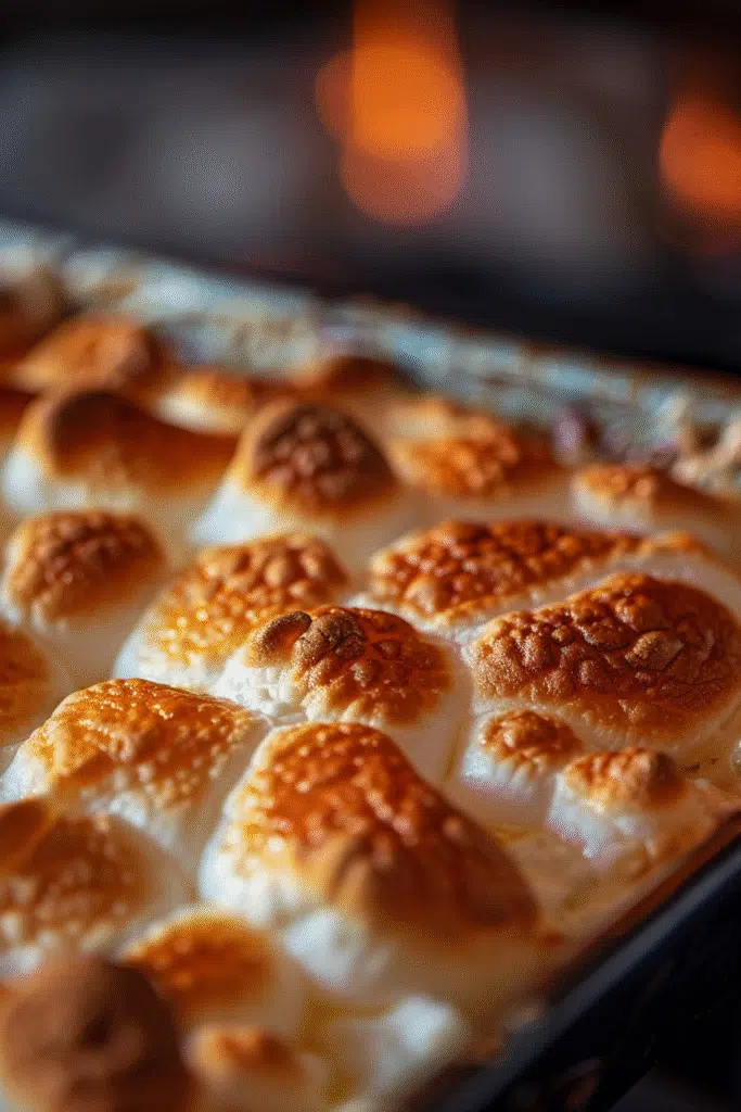 Golden brown toasted marshmallows on top of casserole.