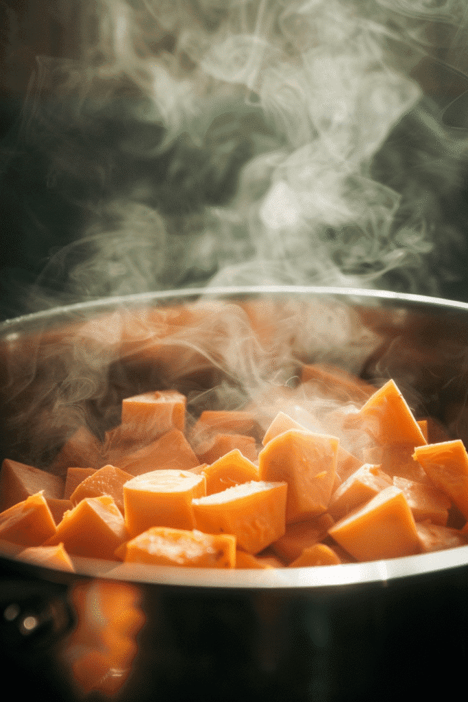 Mashing cooked sweet potatoes in glass bowl with butter melting in.