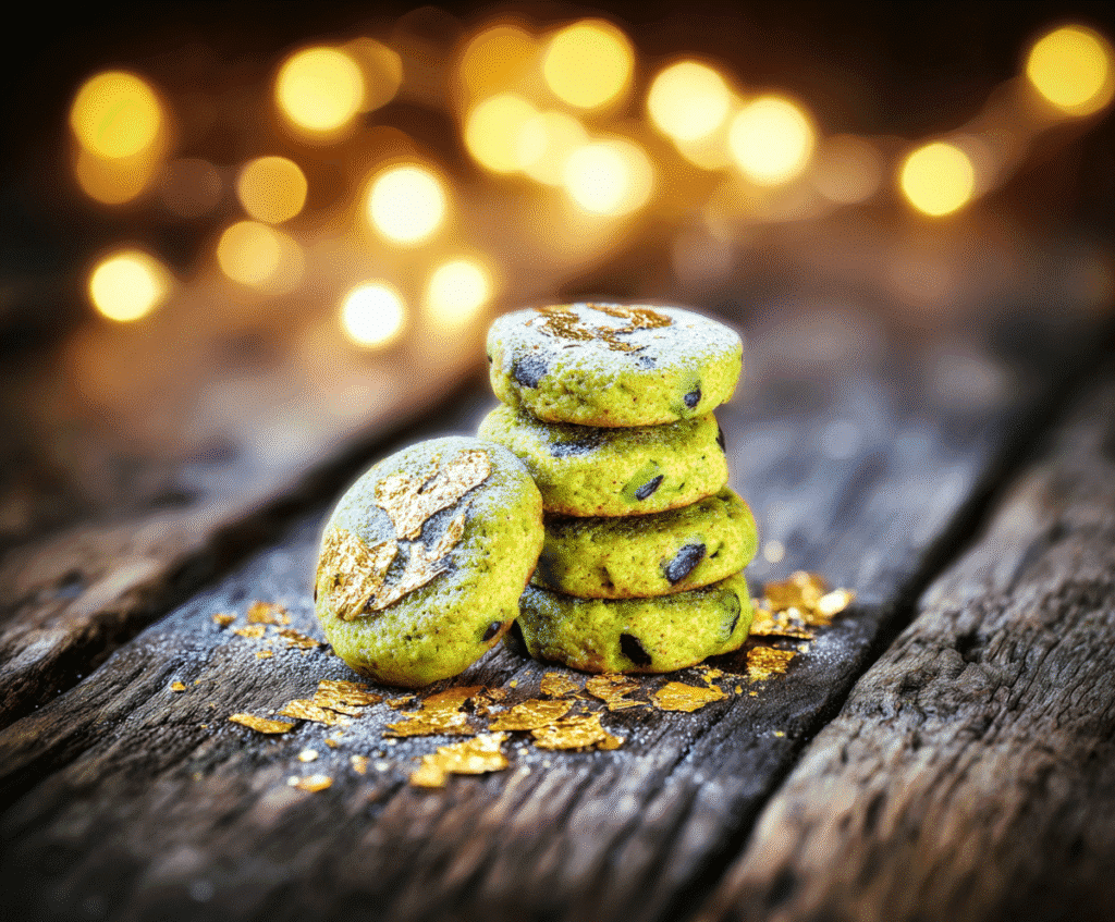 stack of pistachio Christmas cookies with powdered sugar and gold dust