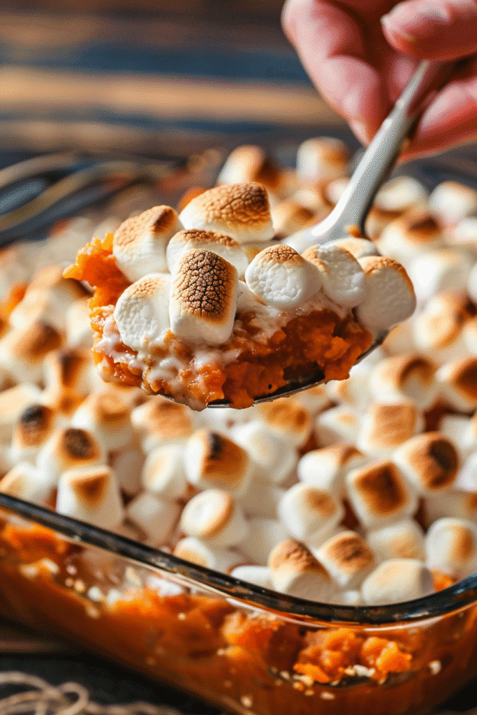 Serving spoon lifting sweet potato casserole with gooey marshmallows.