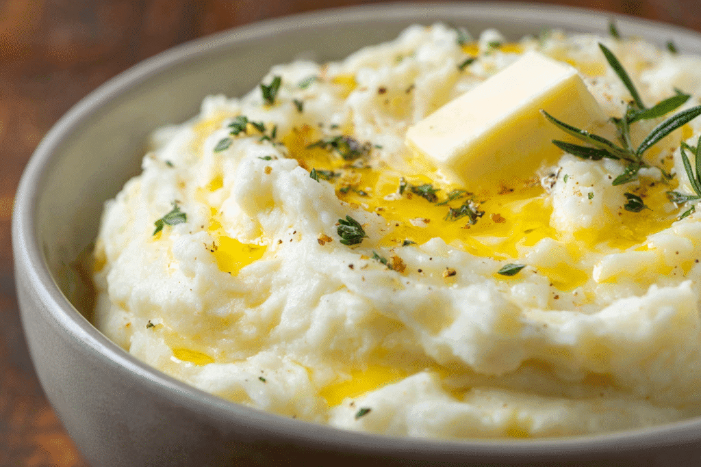 Creamy mashed potatoes topped with melted butter and herbs.