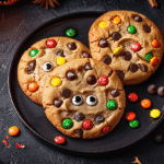 Colorful Halloween trash can cookies loaded with M&Ms candy eyes and chocolate chips on black plate