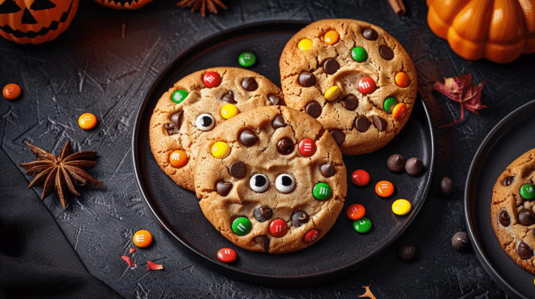 Colorful Halloween trash can cookies loaded with M&Ms candy eyes and chocolate chips on black plate