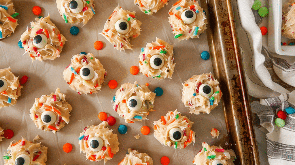 Cookie dough balls on baking sheet with candy eyeballs pressed on top ready to bake overhead view Halloween theme