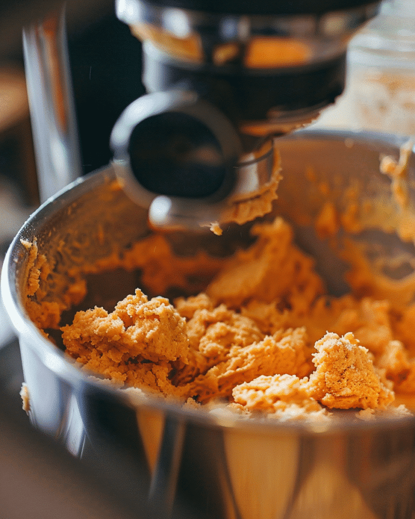 Orange-tinted pumpkin cookie dough being mixed in stand mixer bowl showing soft texture