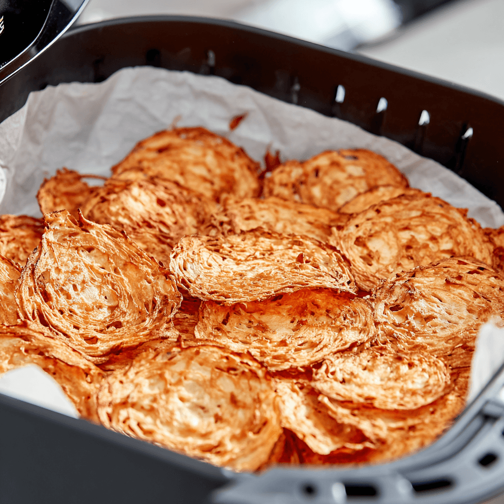 Crispy onion chips cooking in air fryer basket with golden brown cheese bubbling on parchment paper