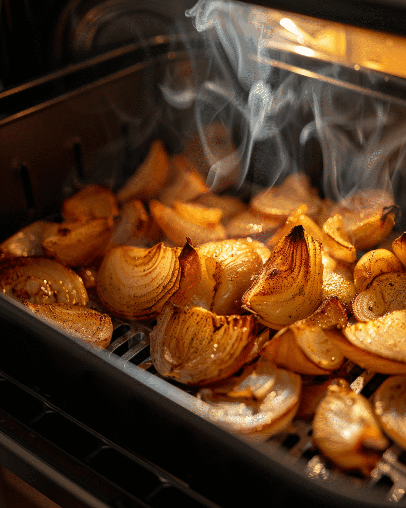 Crispy onion chips cooking in air fryer basket with golden brown cheese bubbling on parchment paper