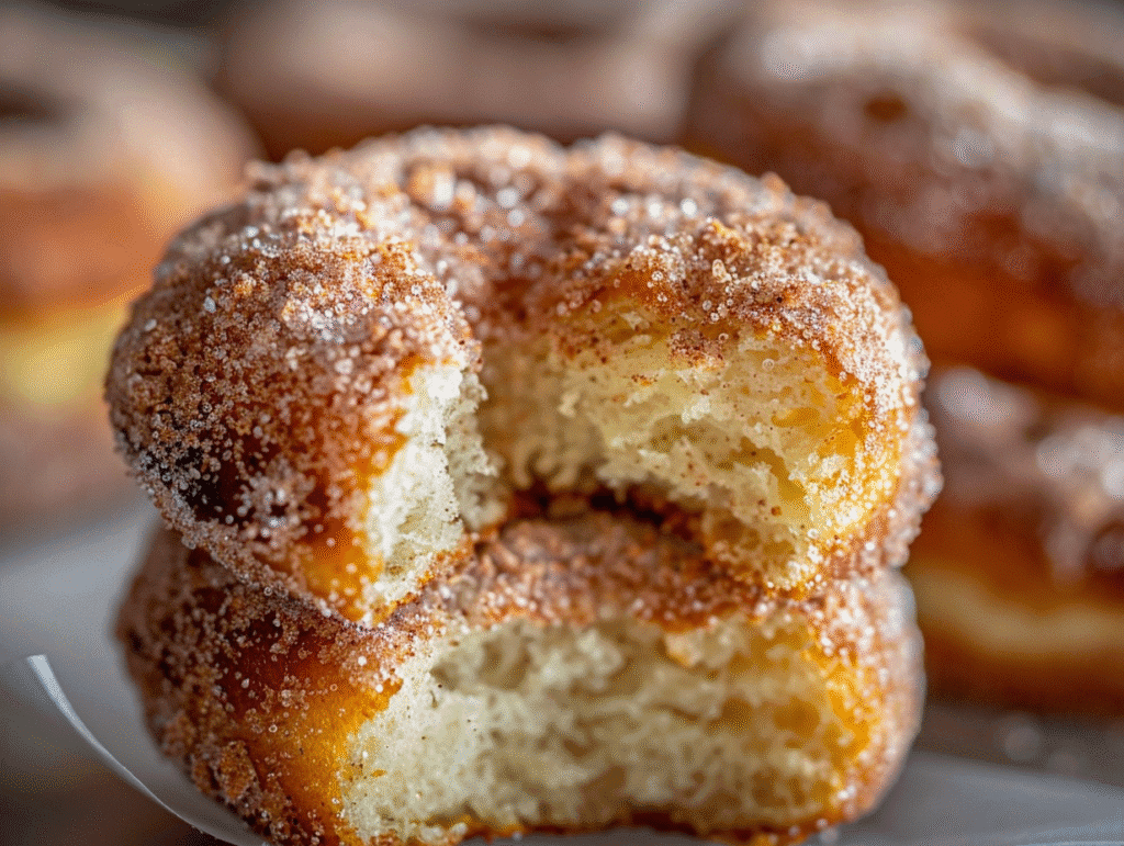 Cross-section of air fryer apple cider donut showing soft fluffy texture