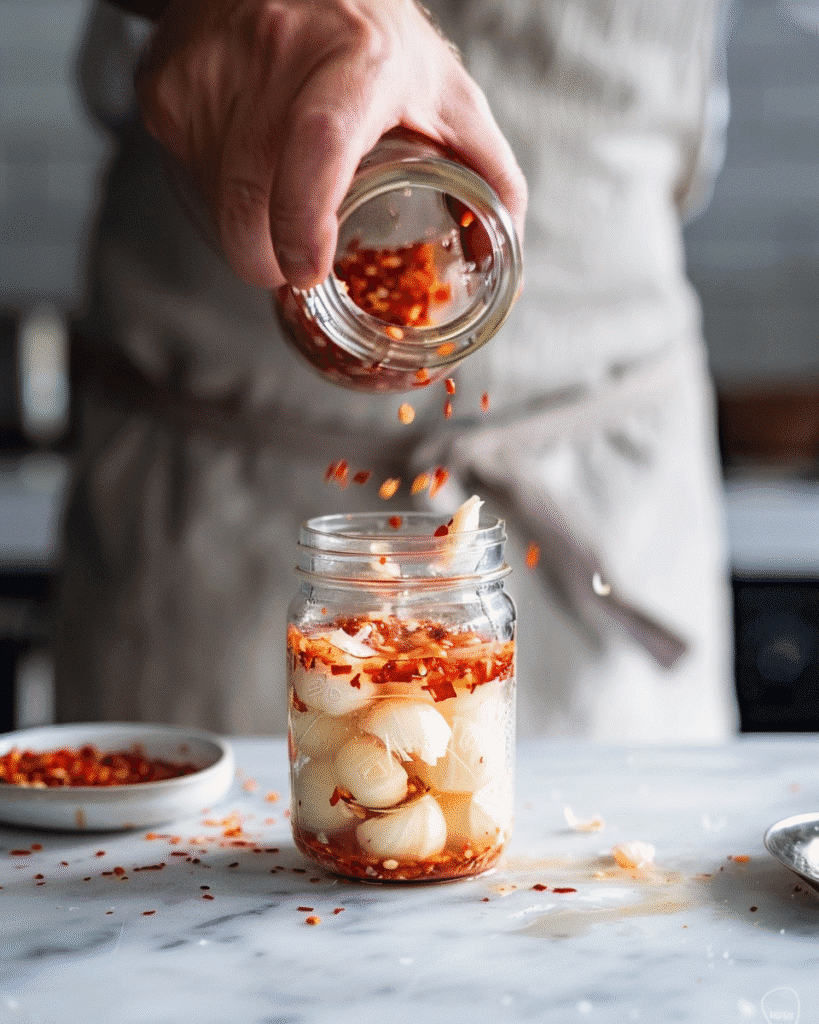 Shaking spicy pickled garlic jar TikTok trend