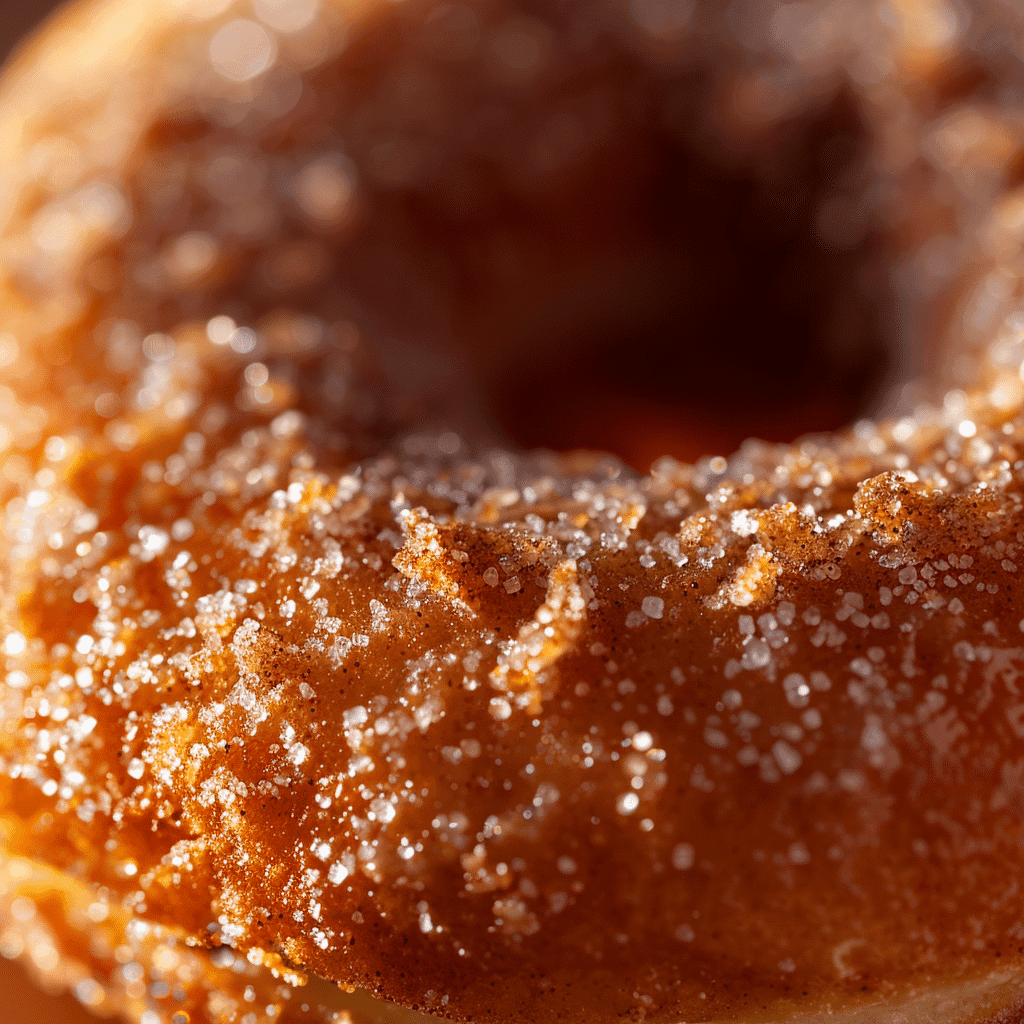 Close-up of cinnamon sugar coated air fryer apple cider donut