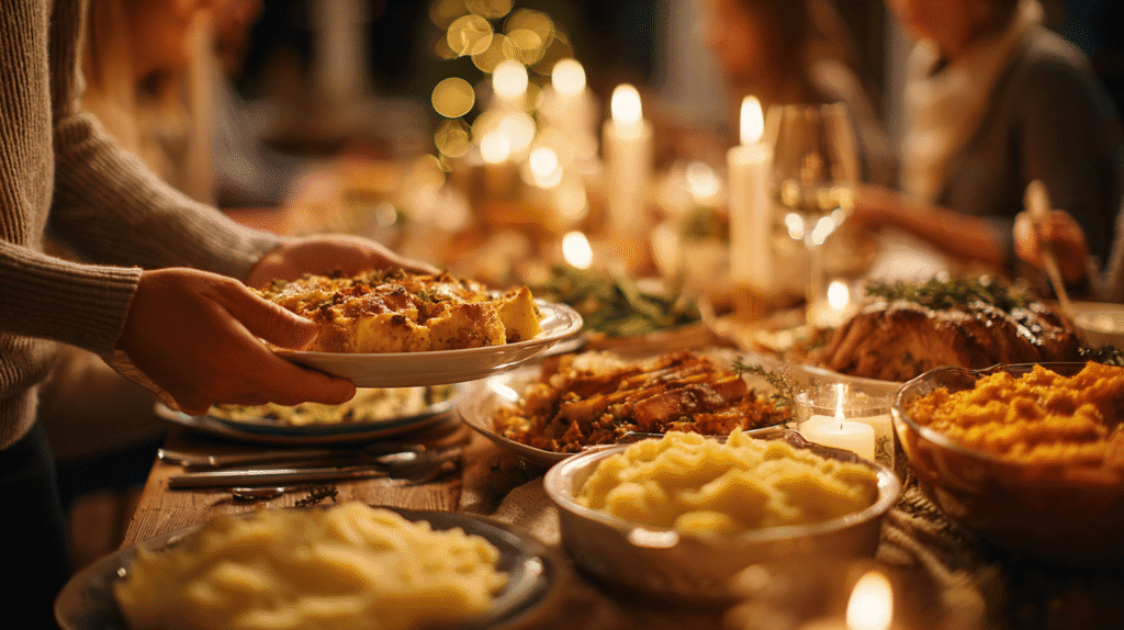 Family serving Thanksgiving side dishes at a warm candlelit dinner.