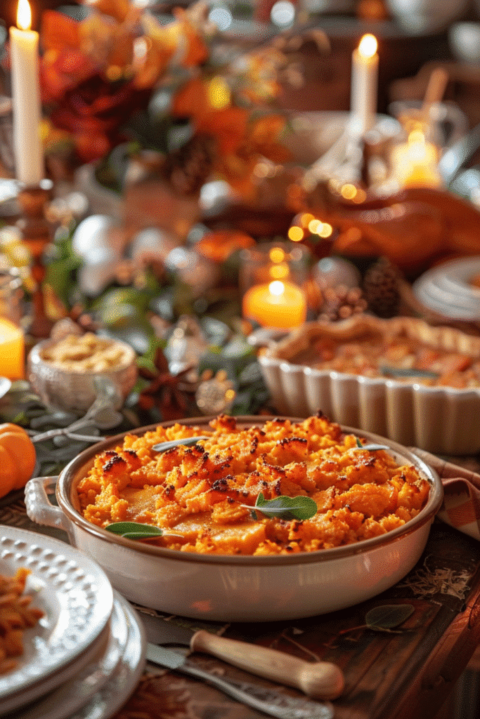 Thanksgiving table featuring sweet potato casserole centerpiece.