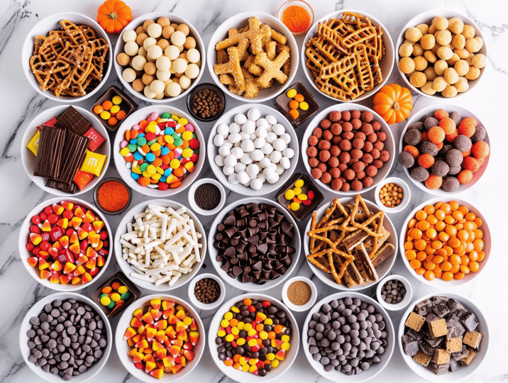 Halloween candy unwrapped and chopped including Snickers Reeses Kit Kats M&Ms and pretzels arranged in small bowls overhead shot