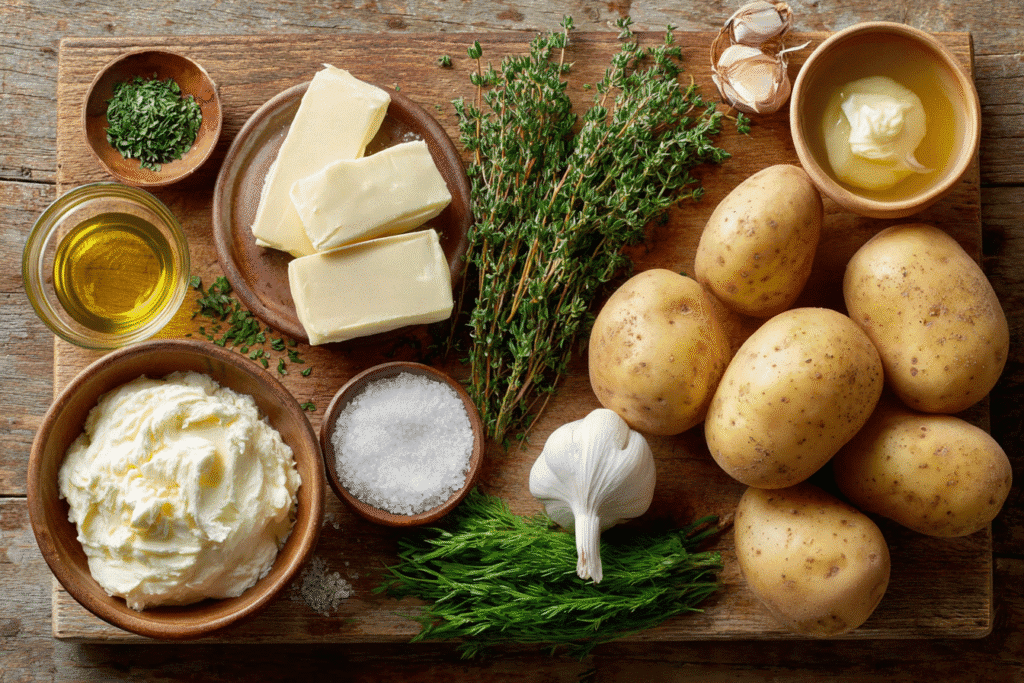 Fresh Thanksgiving ingredients — butter, herbs, potatoes, and garlic on rustic wood surface.