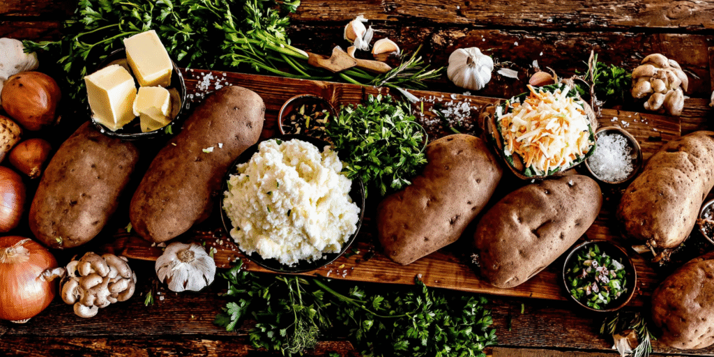 Thanksgiving ingredients including potatoes, butter, garlic, herbs, and cheese on rustic wooden board.