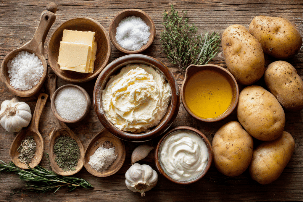Mashed potatoes, butter, herbs, garlic, and cream arranged beautifully for Thanksgiving prep.
