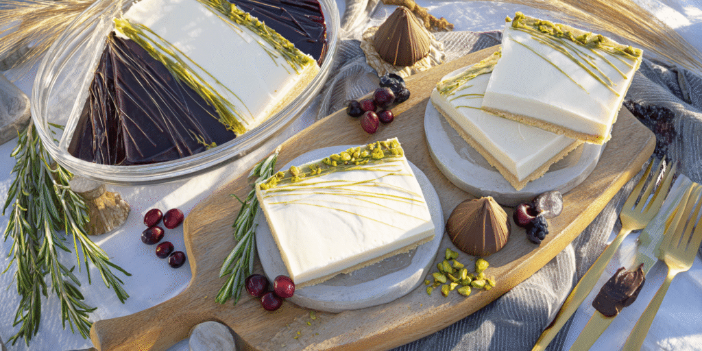 pistachio dessert board with cookies, truffles, and fudge