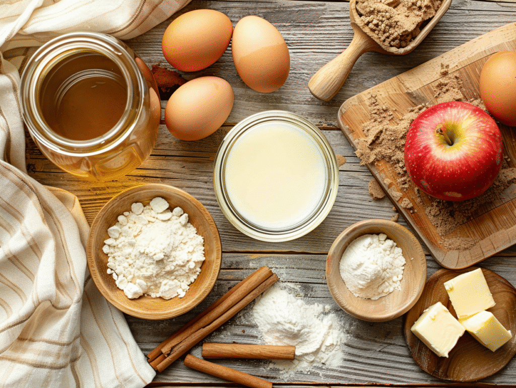 Ingredients for air fryer apple cider donuts including apple cider flour eggs and spices