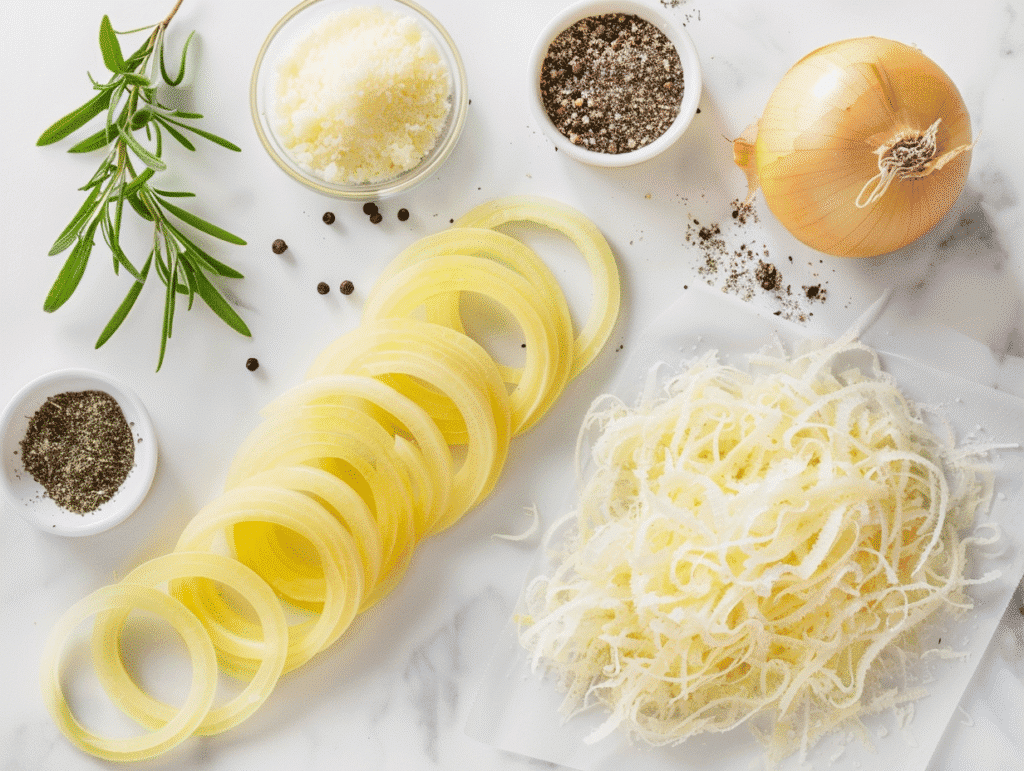 Fresh yellow onion sliced into rings with freshly grated parmesan cheese and spices on white marble countertop
