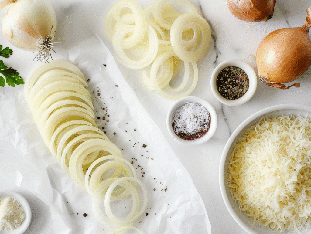 Fresh yellow onion sliced into rings with freshly grated parmesan cheese and spices on white marble countertop