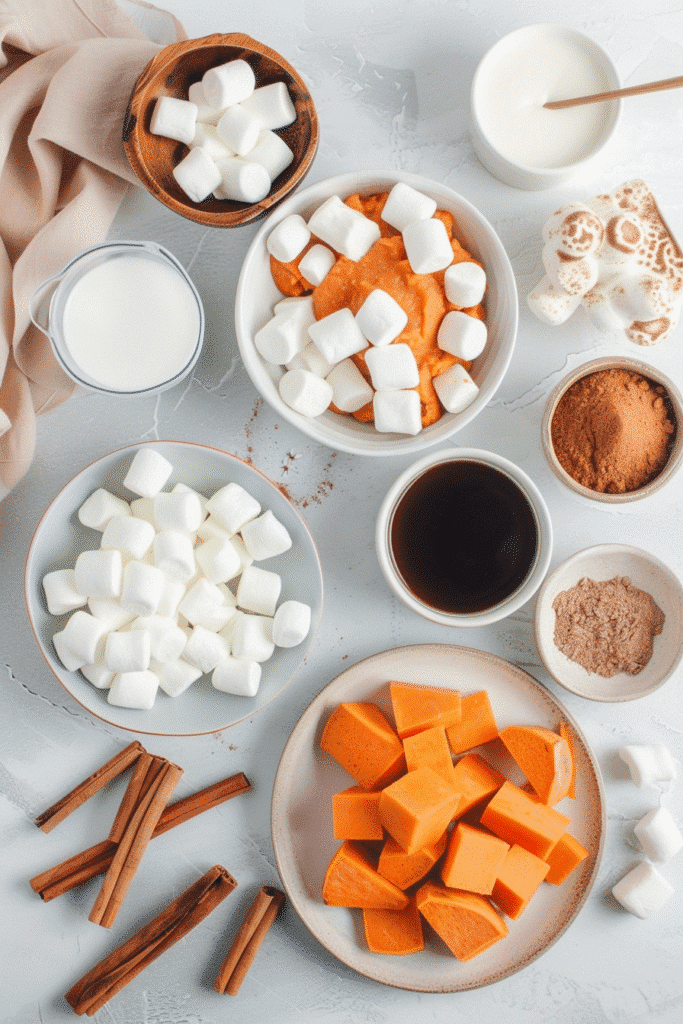 Flat lay of sweet potato casserole ingredients on rustic kitchen counter