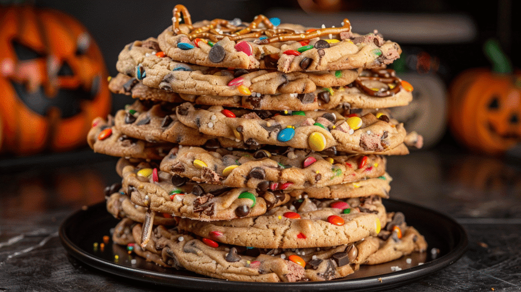 Giant loaded Halloween trash can cookies piled high with visible candy pieces chocolate chips pretzels and M&Ms on black plate