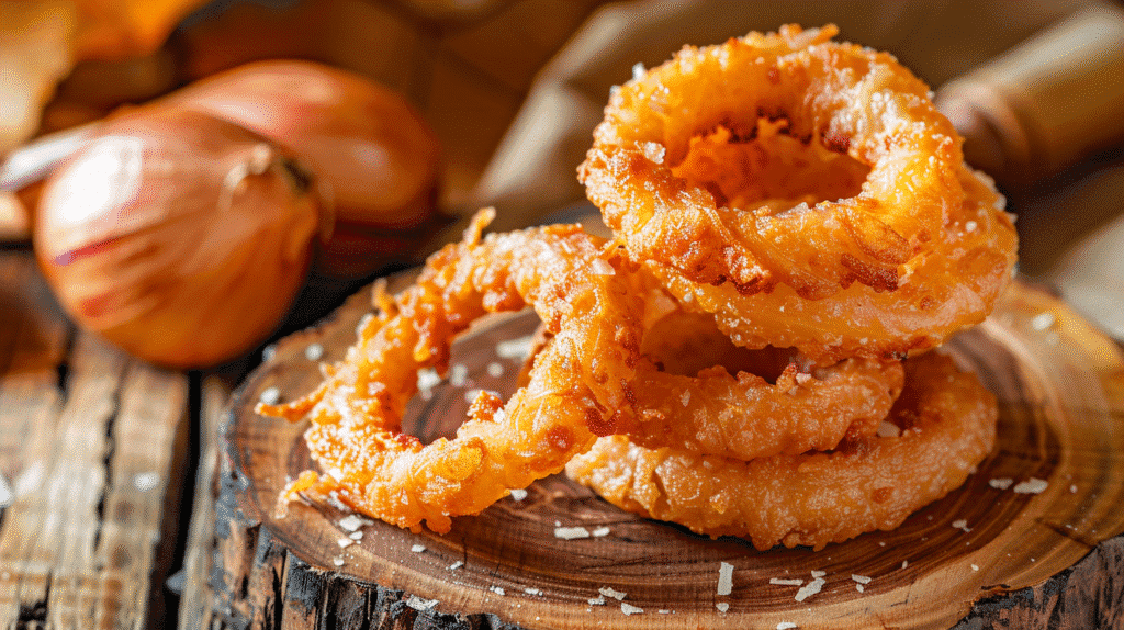 Golden crispy parmesan onion chips stacked on wooden board showing lacy cheese edges and caramelized onions