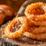 Golden crispy parmesan onion chips stacked on wooden board showing lacy cheese edges and caramelized onions