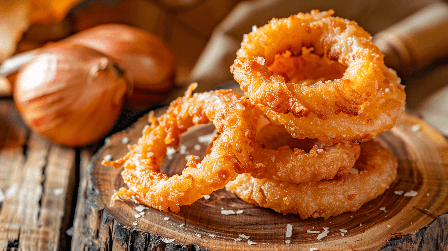 Golden crispy parmesan onion chips stacked on wooden board showing lacy cheese edges and caramelized onions