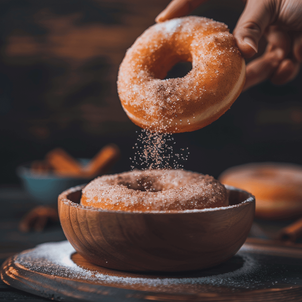 Coating warm air fryer donut in cinnamon sugar mixture