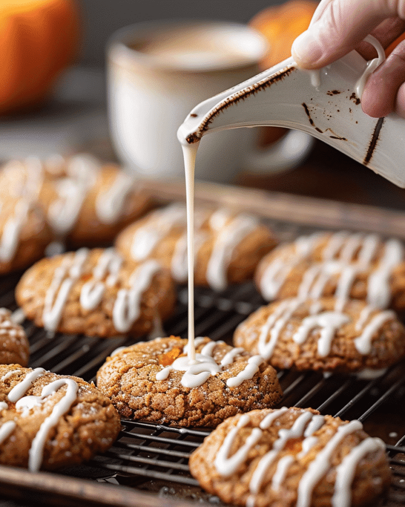 Hand drizzling white espresso glaze over warm pumpkin spice cookies with glaze cascading down