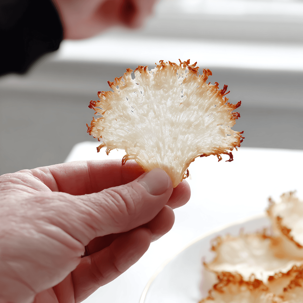 Hand holding crispy golden parmesan onion chip showing thin texture with blurred background