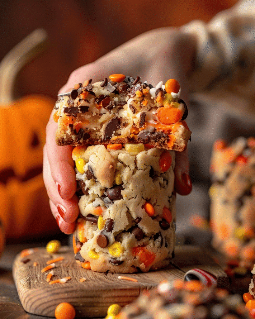 Hand holding giant loaded Halloween trash can cookie with bite taken out showing candy mix-ins blurred Halloween background