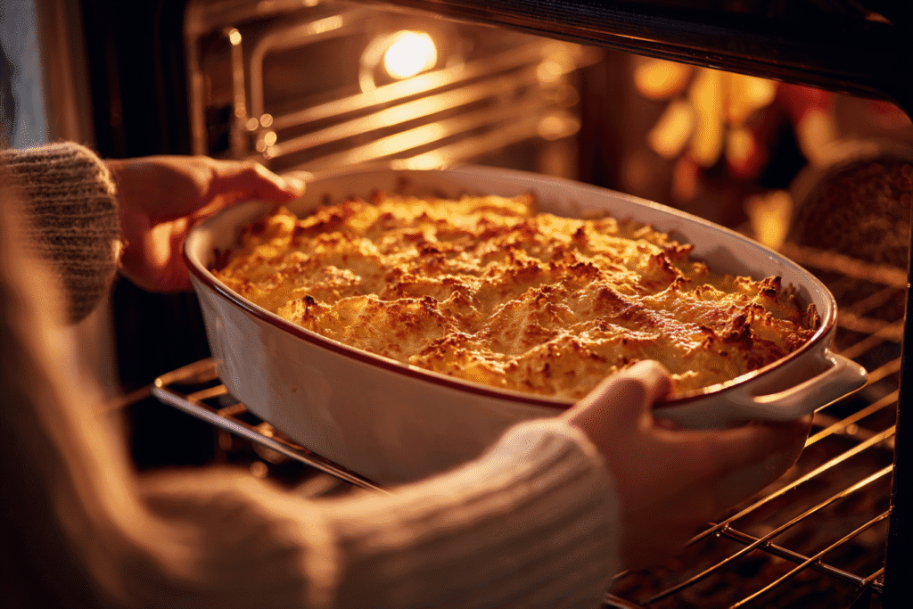 Hands placing golden bubbling casserole into oven for Thanksgiving dinner.