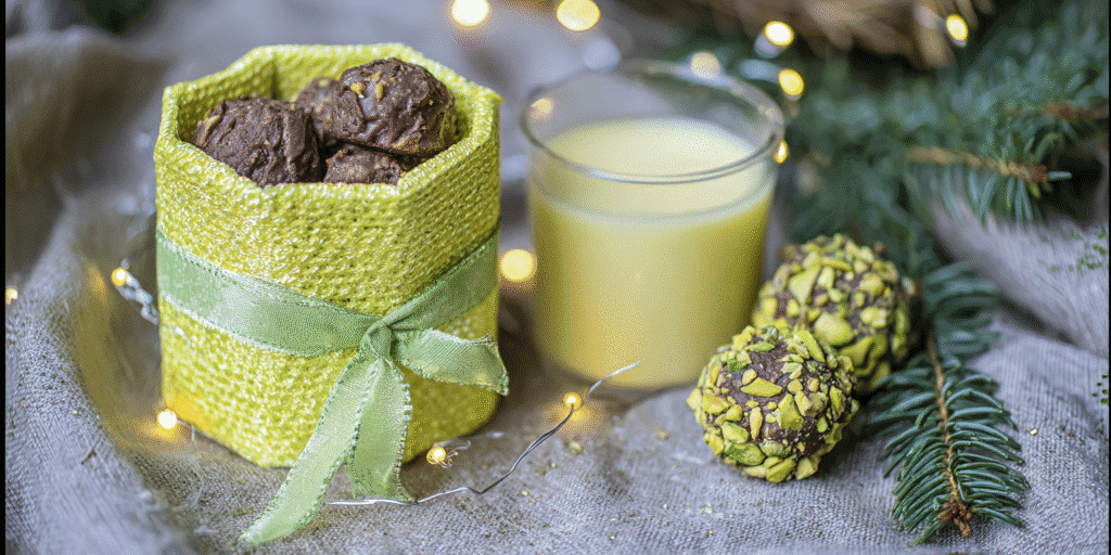 pistachio truffles and fudge in festive holiday gift box tied with ribbon