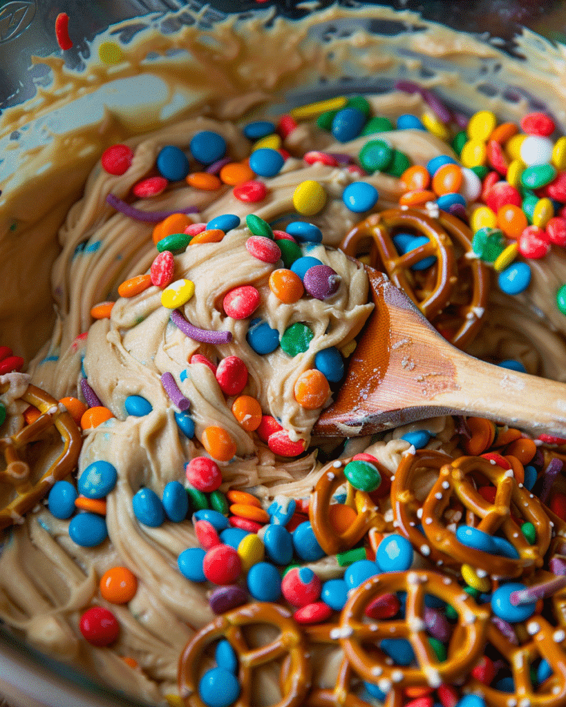 Large bowl of cookie dough loaded with colorful candy pieces and pretzels being mixed with wooden spoon close-up