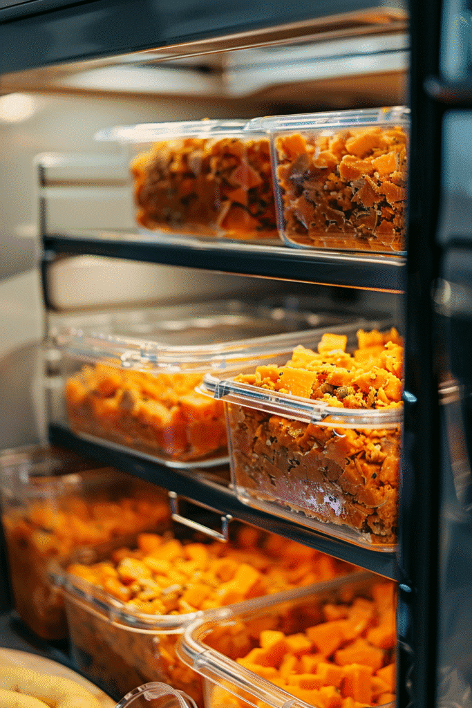 Leftover sweet potato casserole stored in airtight glass container in refrigerator