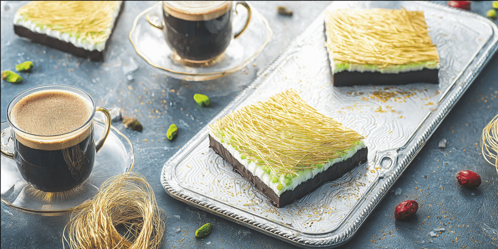 Dubai chocolate pistachio squares topped with gold leaf and kataifi