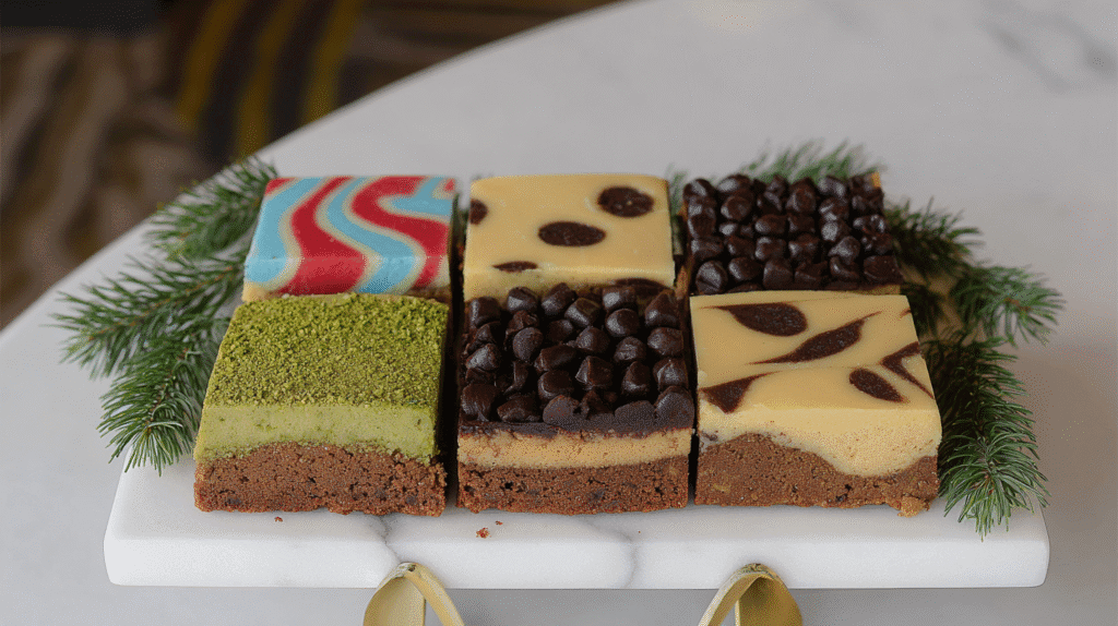 pistachio holiday desserts arranged on marble platter with gold and pine accents