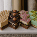pistachio holiday desserts arranged on marble platter with gold and pine accents