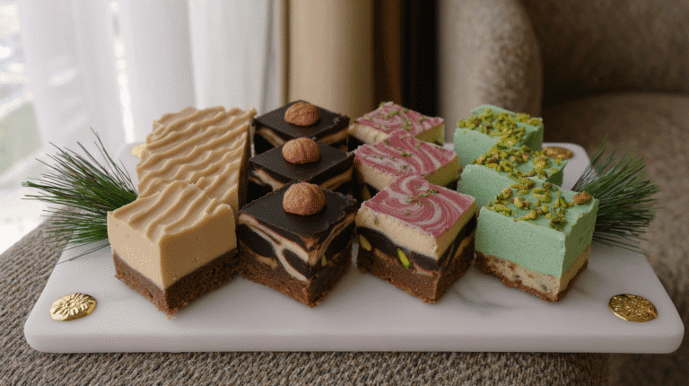 pistachio holiday desserts arranged on marble platter with gold and pine accents