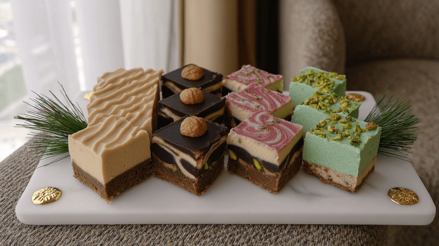 pistachio holiday desserts arranged on marble platter with gold and pine accents